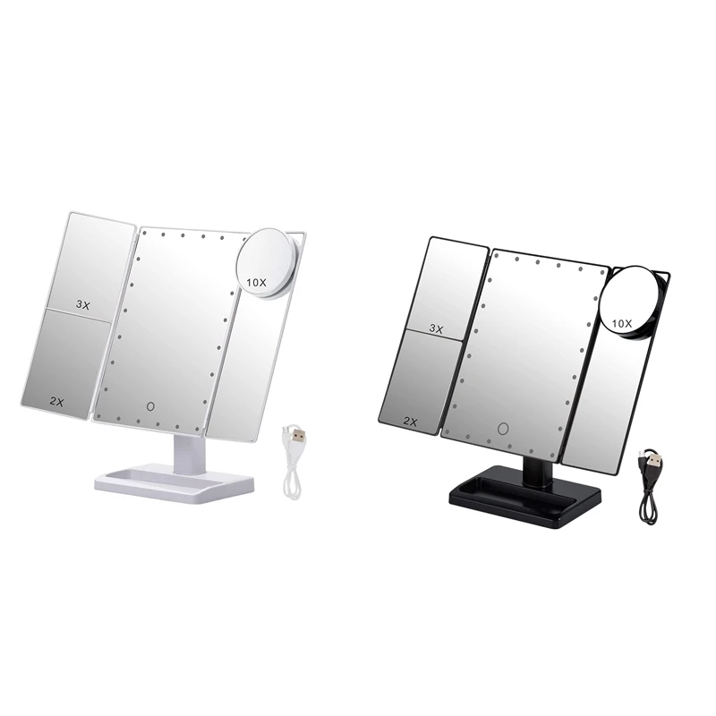 Specchio per il trucco a tre ante con 22 luci a LED, specchio cosmetico da tavolo illuminato pieghevole portatile con ingrandimento 10X/3X/2X