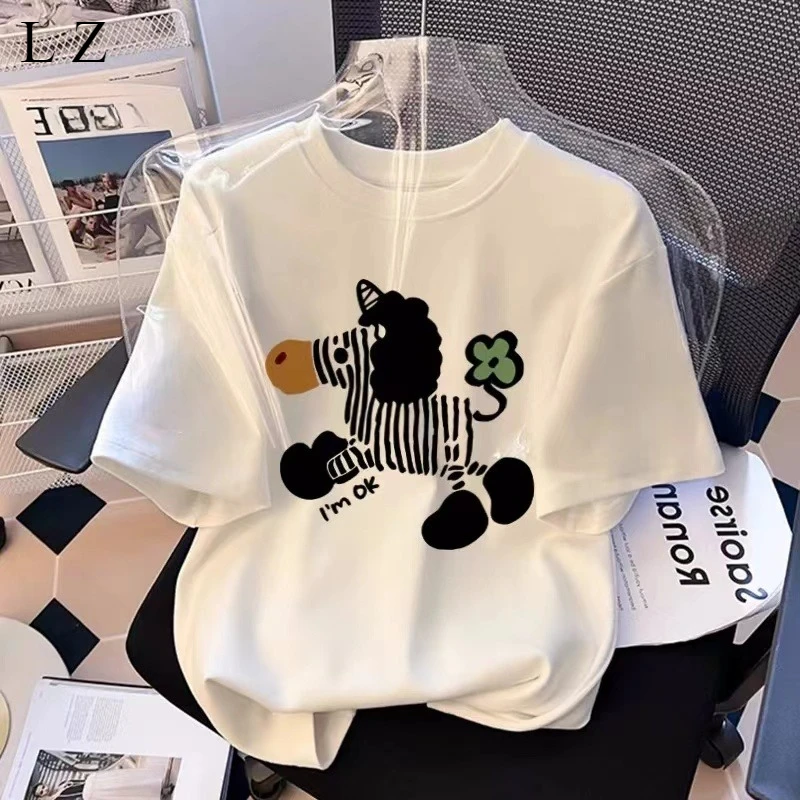 

Мотоциклетная универсальная футболка с милым пони, мужская и женская свободная футболка с круглым вырезом в уличном стиле, повседневный топ с круглым вырезом и половиной рукавов