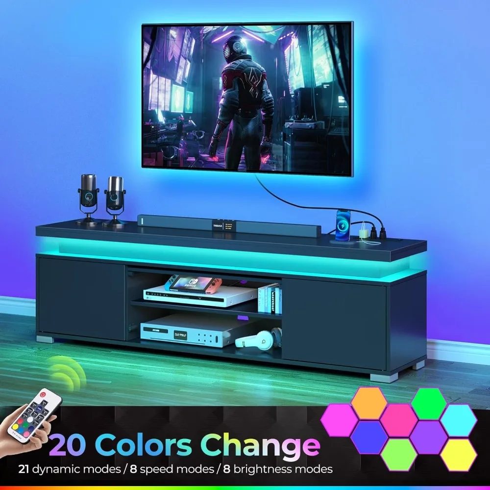 The TV cabinet is equipped with power sockets and LED lights, a TV table, a universal gaming LED TV media cabinet