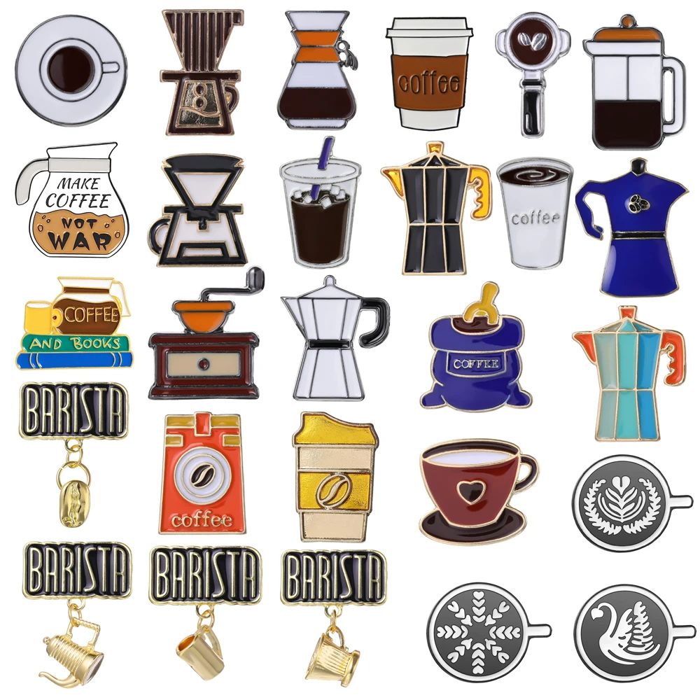 Pin pembuat kopi Enamel, penggiling biji kopi, tas cangkir ketel kopi, lencana Barista, koleksi kopi Lapel Punk, hadiah perhiasan