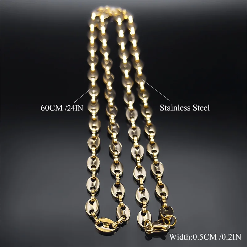 Hip Hop Coffee Bean Chain Necklace for Men Women Stainless Steel Gold Silver Color Pig Nose Shape Link Punk Choker Jewelry Gift