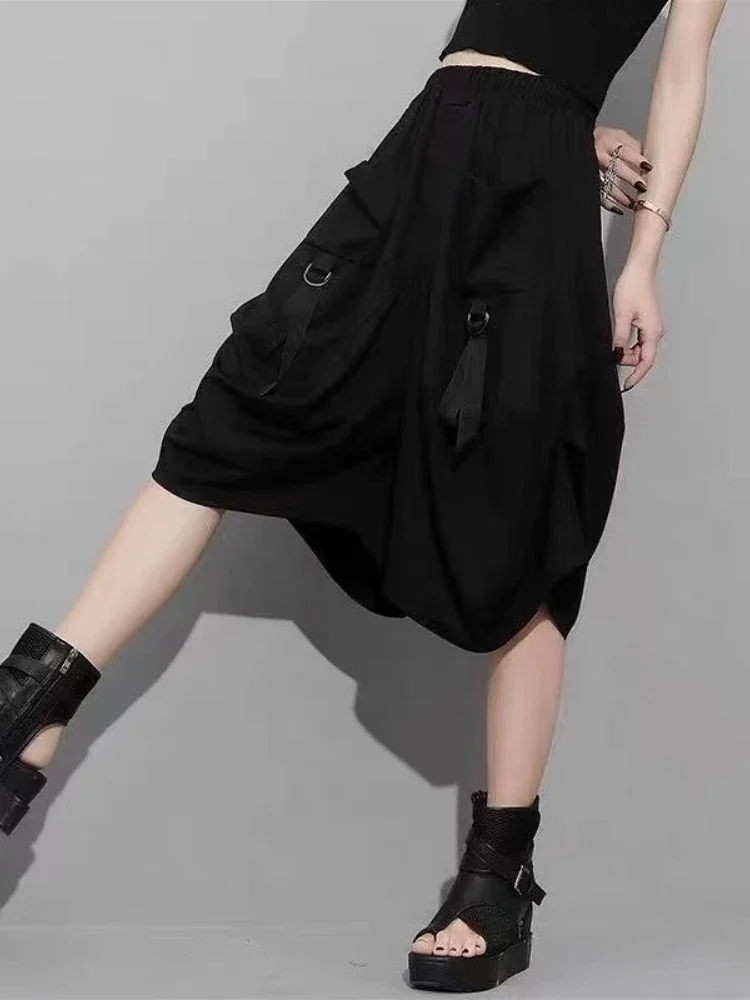 سروال نسائي أسود فضفاض للجنسين متعدد الجيوب شخصية رائعة للفتيات موضة Ulzzang High Street متعدد الاستخدامات بطول الركبة