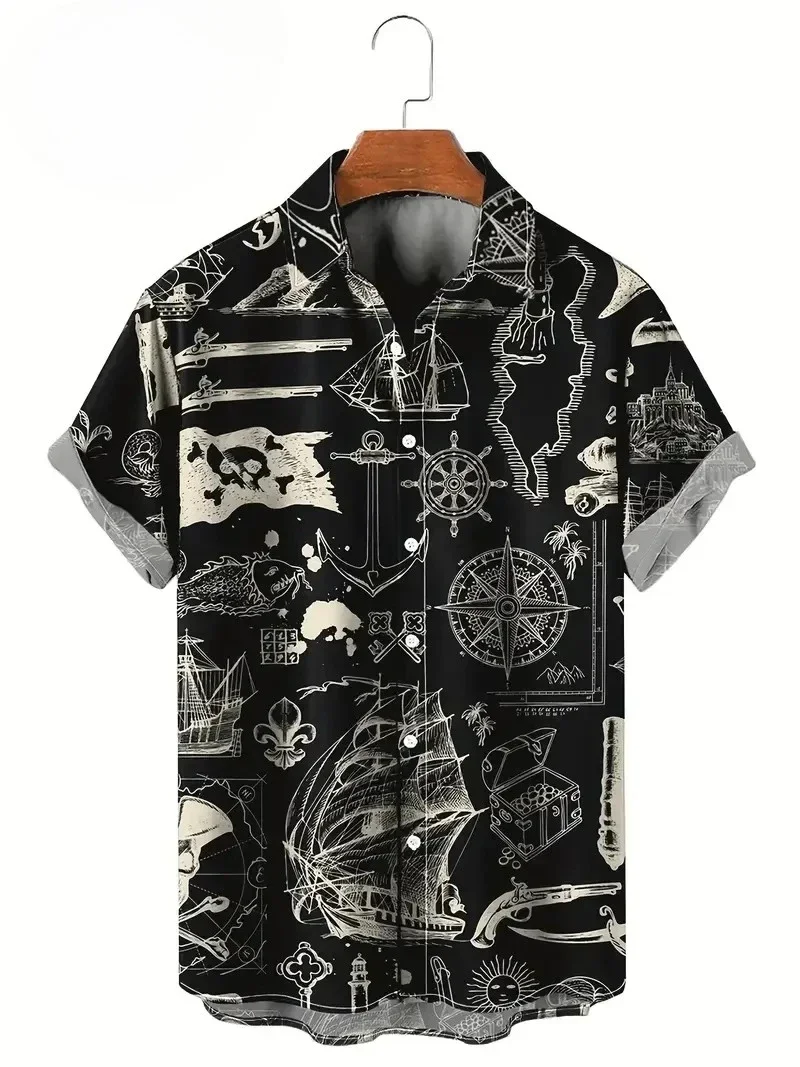 Men's 3D Pirate Printed Retro Shirt Beach Street Oversized Hawaiian Shirt Hip Hop Clothing Button Collar Large Size Shirt