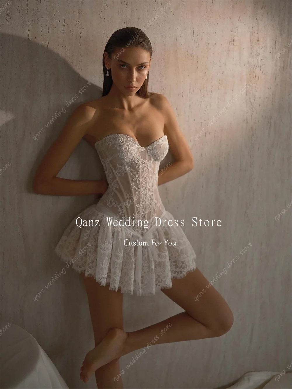 Qanz Sexy Mini Wedding Dress Sweetheart Lace Appliques Open Back Vestido De Novia Short A Line Women Robe De Mariée Customized