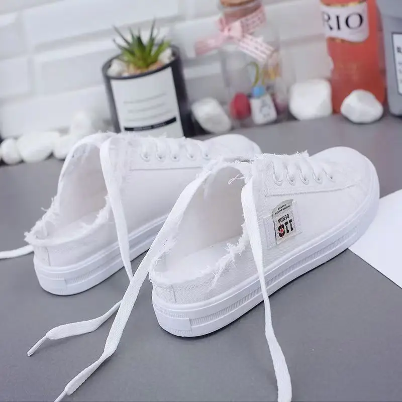 

New style canvas shoes for women, semi-slip on slip-on sneakers, breathable white sneakers, popular board shoes