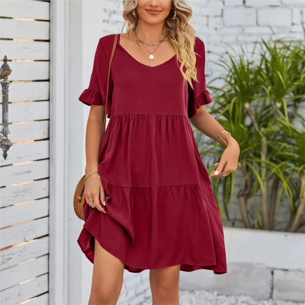 Elegante plissado cor sólida na altura do joelho vestido 2024 novo verão feminino casual com decote em v três camadas vestido plissado vestidos elegantes