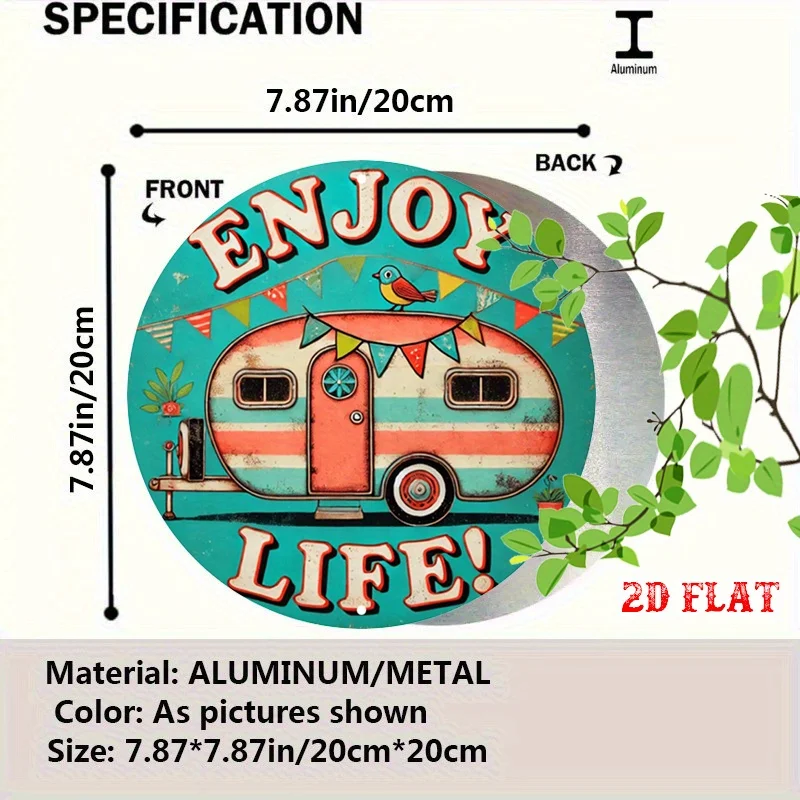 2D Flat, 1pc Vintage Camper Van & Enjoy Life Retro Metal Wall Decor - Mid-Century Modern Trailer sign with Turquoise, Pink, Red,
