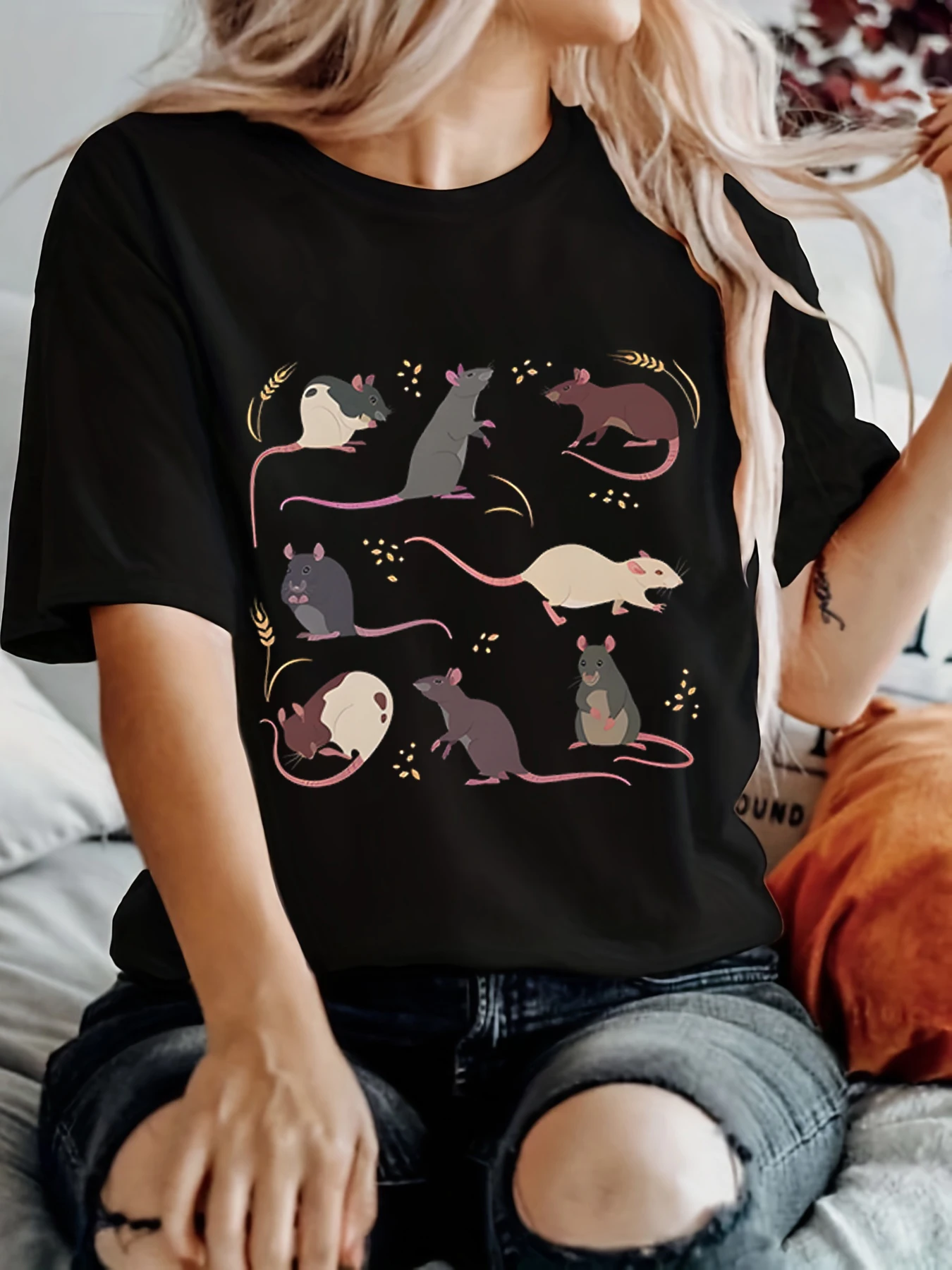 

Rat T-Shirts Women Harajuku Animal Tops Summer Casual Fashion TShirts Vintage Paddy Print Women's Clothing Rat Female T-Shirts