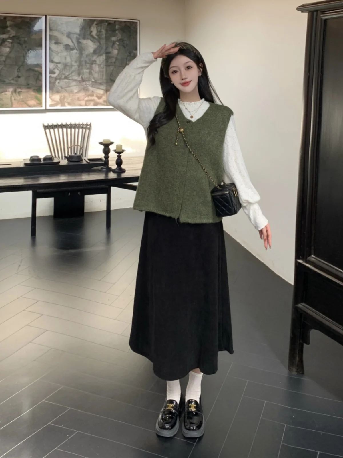 

plus Size Korean Style Knitted Set Women's Autumn Vest Top Belly Cover Slimming Skirt Two Piece Set Commute Style Long Sleeve