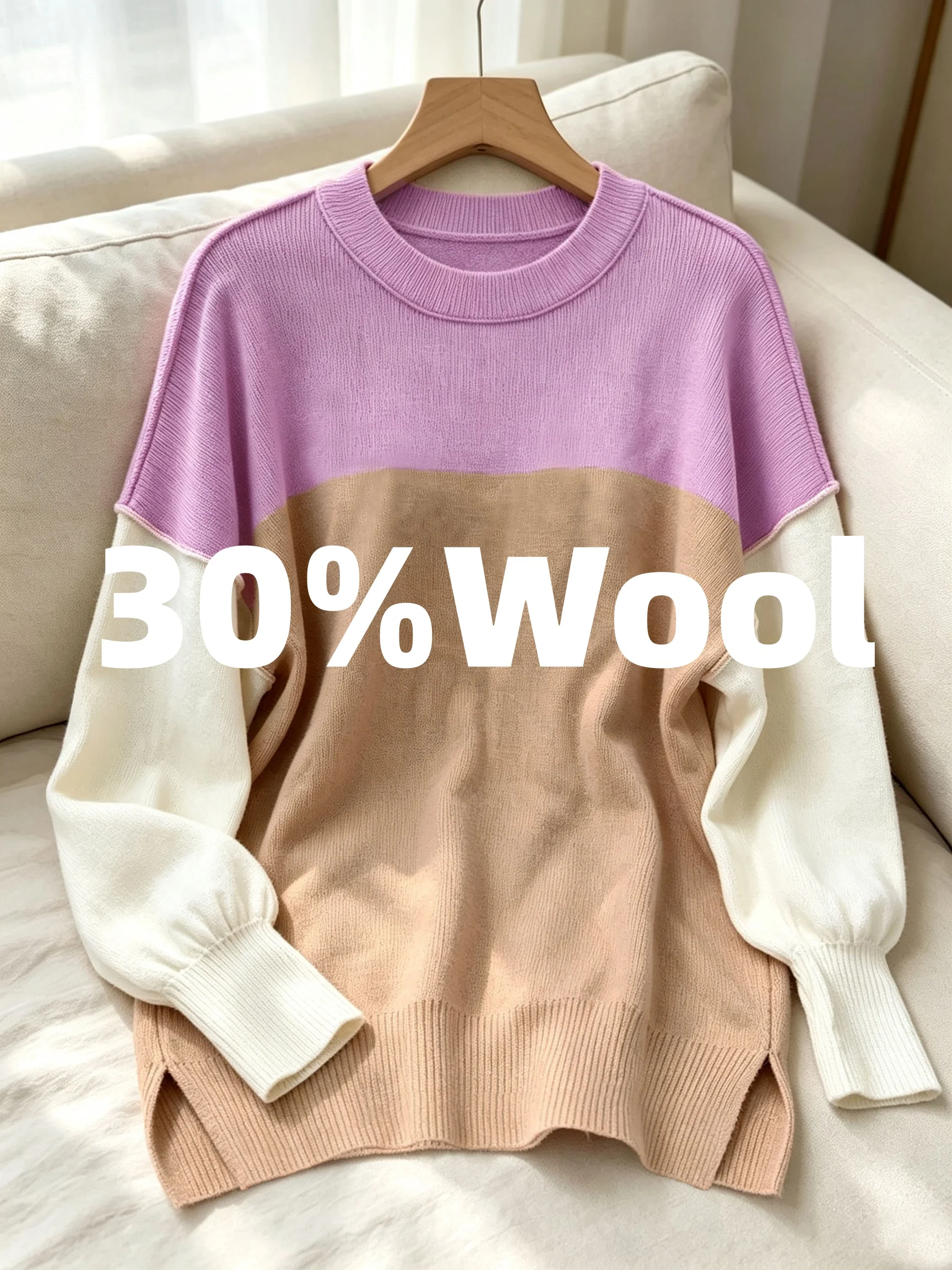 Women's color-blocked patchwork half-round neck wool knitted top, casual style, autumn and winter style