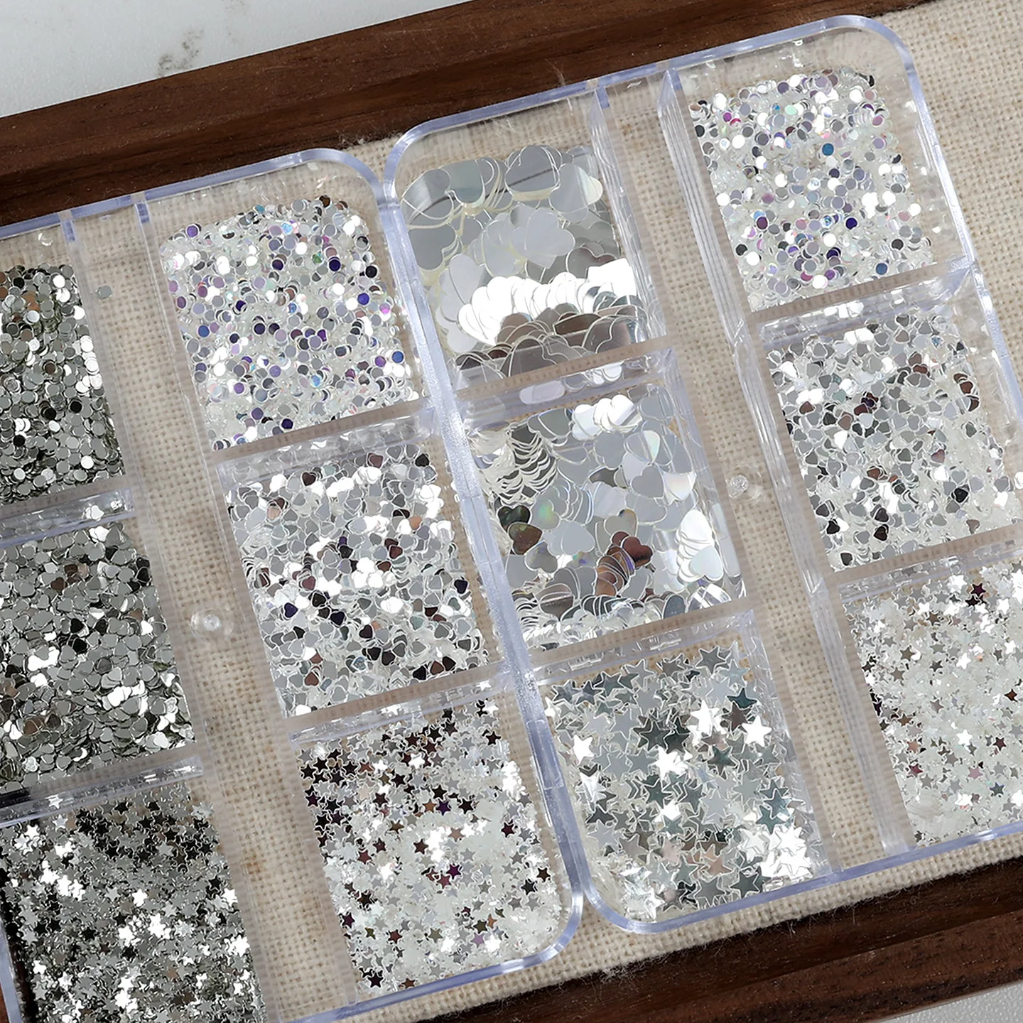 6 Grids Pearly-lustre Silver Metallic Nail Glitter Sequins Holographic Mirror Star Heart Round Flakes Decor Manicure Accessories