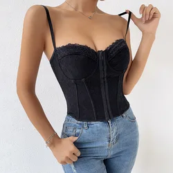 Lace Backless Casual Corset Bustier Tank Top Black Sleeveless Camis Summer Fashion Sexy Crop Tops Women's Shape Body Slim Sling