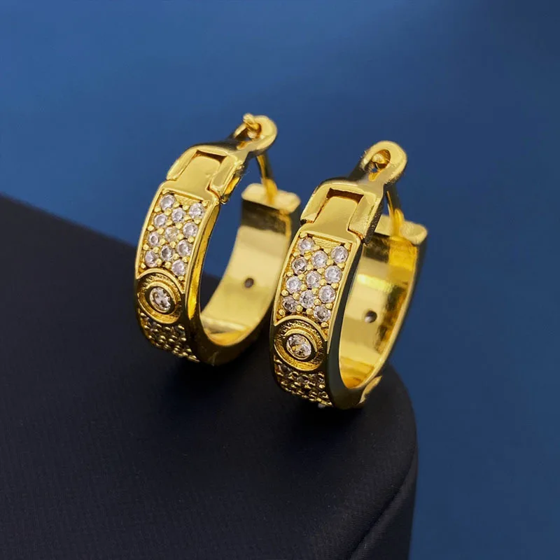 Classic Seiko Gold Plating Does Not Fade Three Rows Full of Diamonds Hoop Earrings for Women Exquisite Fashion Brand Jewelry
