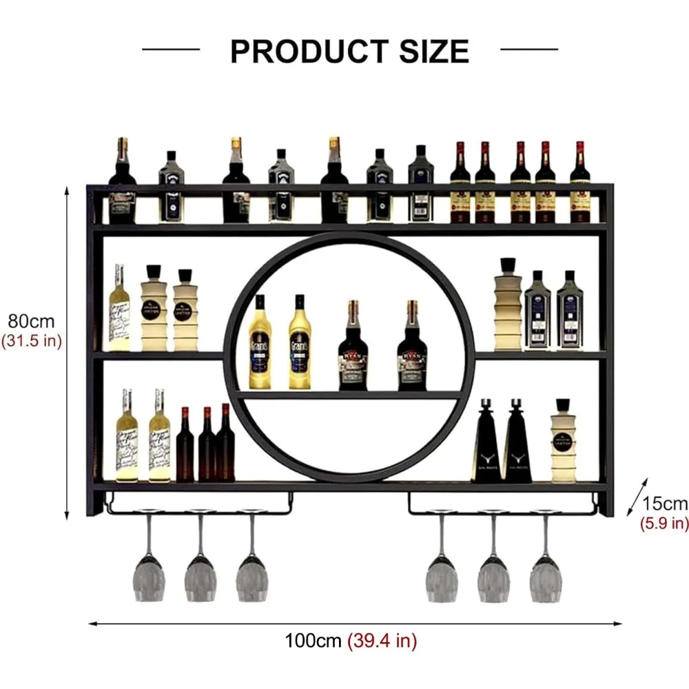 Wall Mounted Wine Rack, Metal 3-Tier Large Capacity Hanging Bar Shelves with Glass Holder, for Kitchen, Living Room, Home