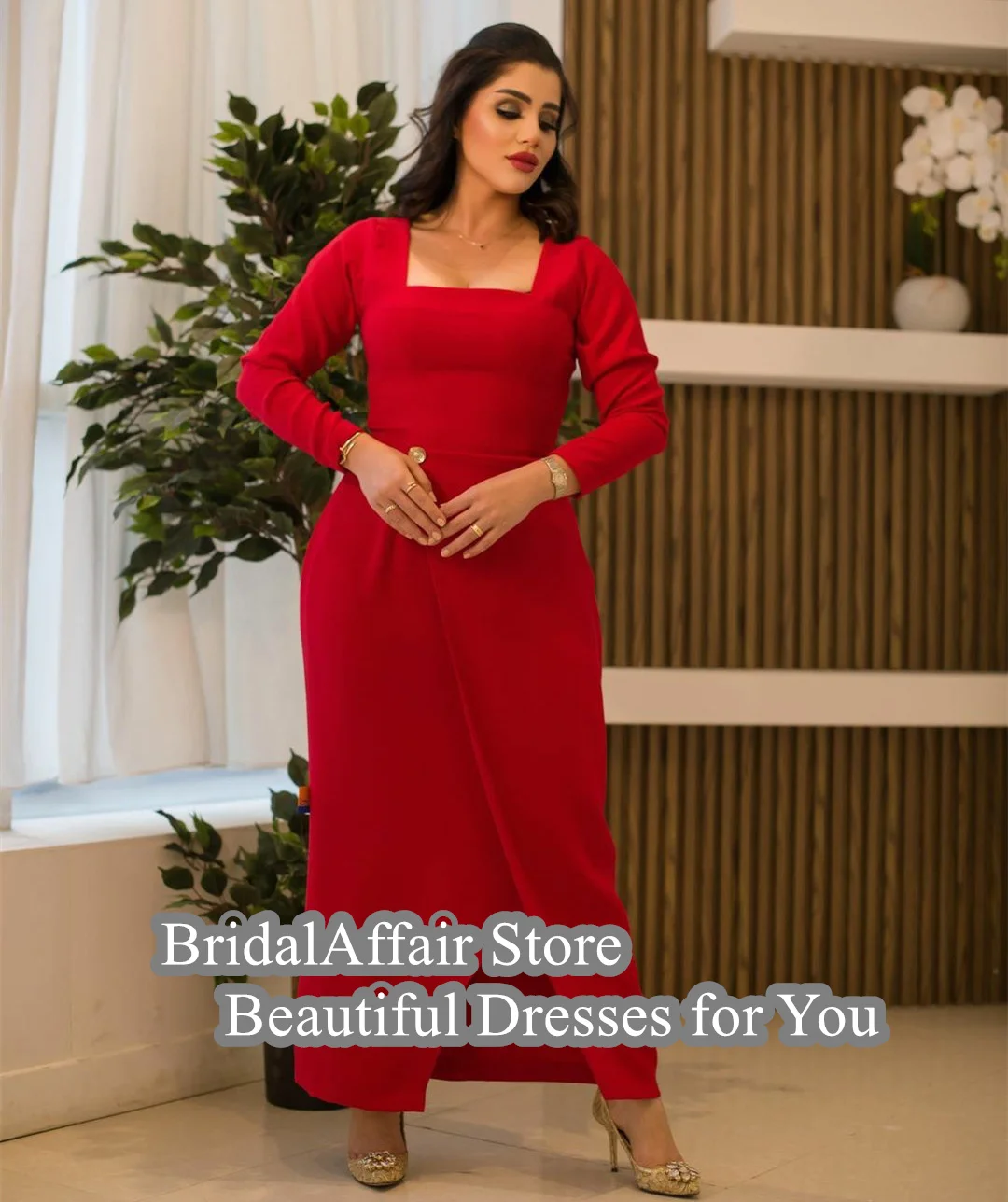 BridalAffair Vintage Long Red Crepe Evening Dresses With Sleeves Sheath حزب اللباس Side Slit Ankle Length Prom Dresses