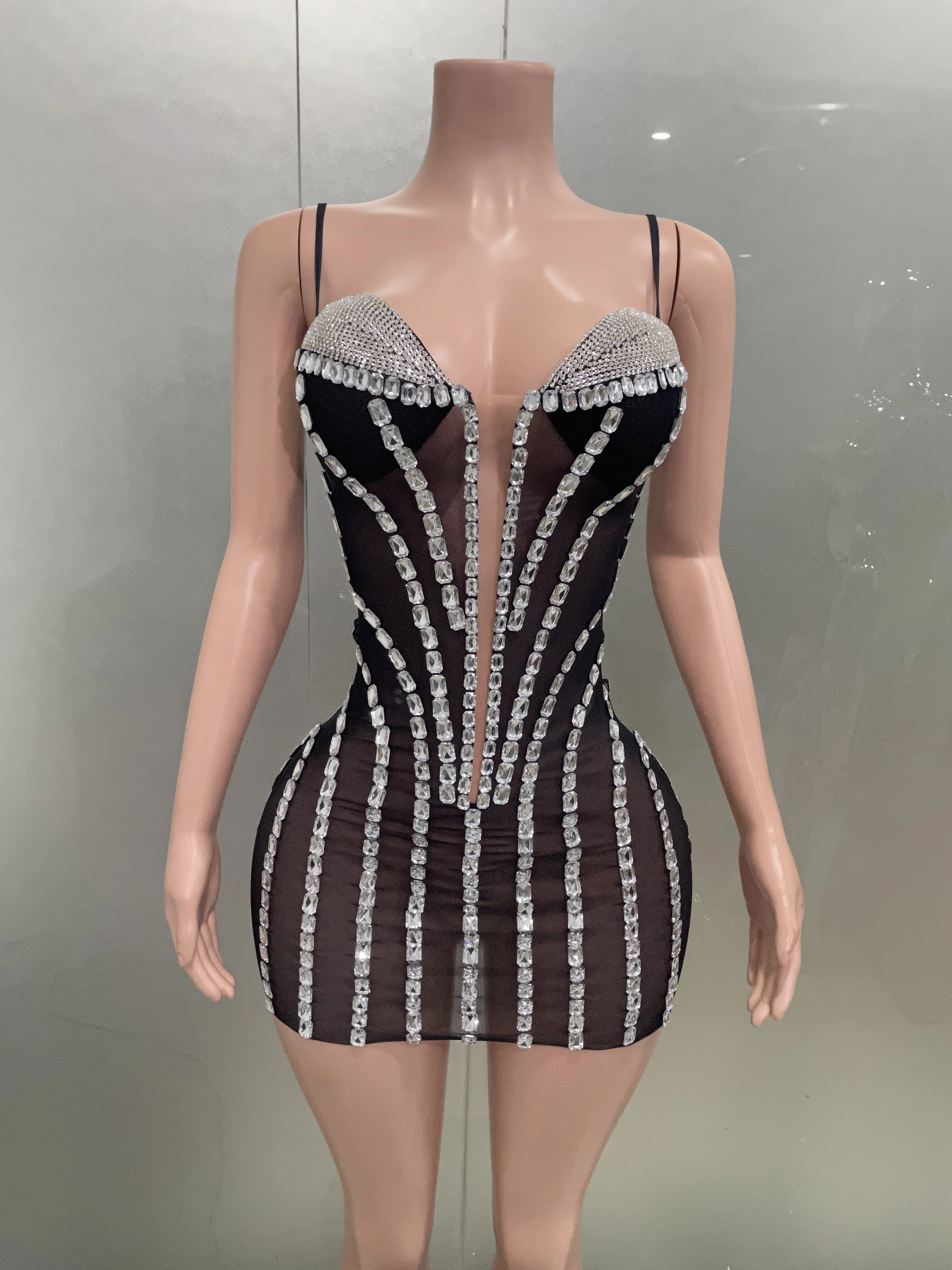 Sexy Sparkly Rhinestones Mesh Transparent Short Slip Dress 2025 Women Evening Birthday Party Nightclub Photo Shoot Stage Wear