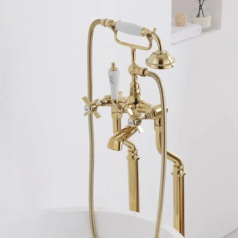 Bathtub Faucet Set Floor Decked Bathroom Classical Top High Quality Gold American Style Ceramic Handle Shower