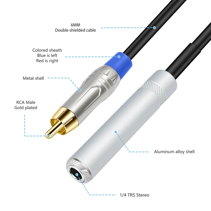 6.35 มม.ถึง 2 สาย RCA ชายสายสเตอริโอ 1/4 นิ้ว TRS แจ็ค 2 RCA Audio Y Splitter CABLE