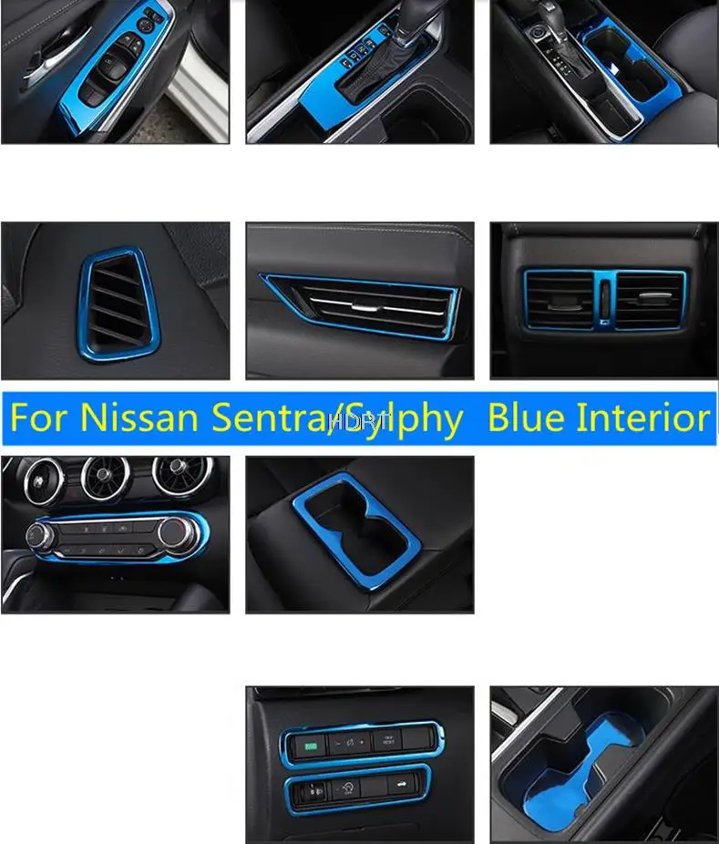 Dla Nissan Sentra/Sylphy 2020 ze stali nierdzewnej niebieskie okno wewnętrzne przycisk podnoszenia tylne powietrze AC Vent schowek na rękawiczki