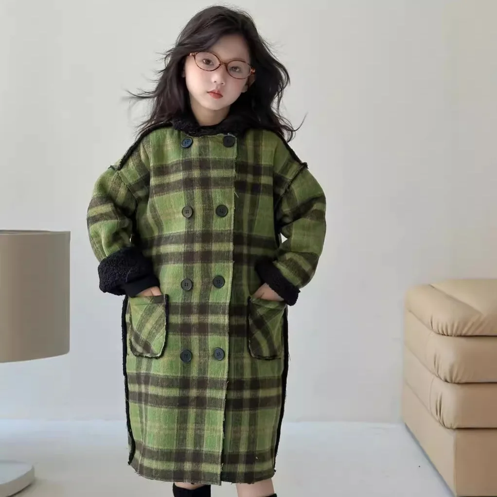 

Winter 1-10Y Girls Green Plaid Overcoat Plus Velvet Double-breasted Kid Girls Topcoat Cotton Long Toddler Baby Girls Warm Jacket