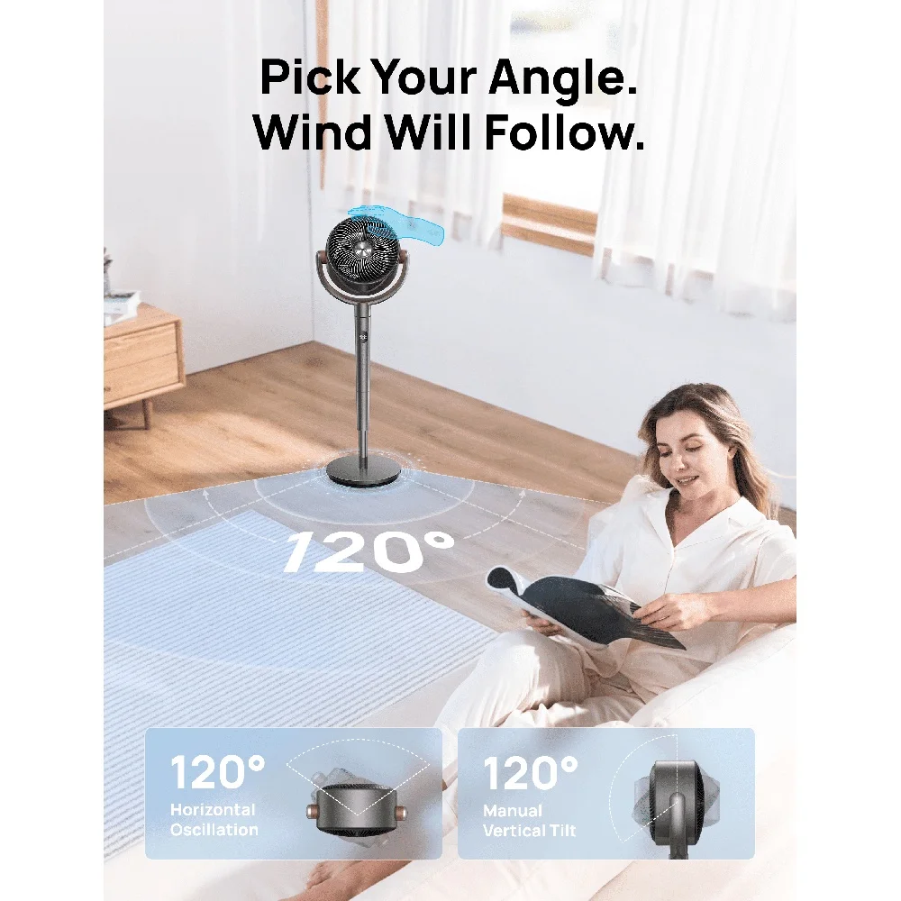 مروحة بقاعدة متأرجحة هادئة 9 سرعات 3 أوضاع للتحكم عن بعد ارتفاع قابل للتعديل 120 °   مروحة أرضية داخلية تتأرجح 23 ديسيبل ضوضاء