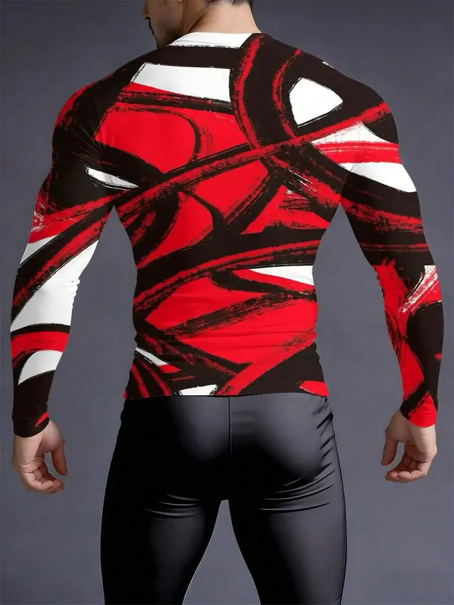 

Abstract Red Black White 3D Printed Mens Long Sleeve Compression Top Crew Neck Athletic Shapewear