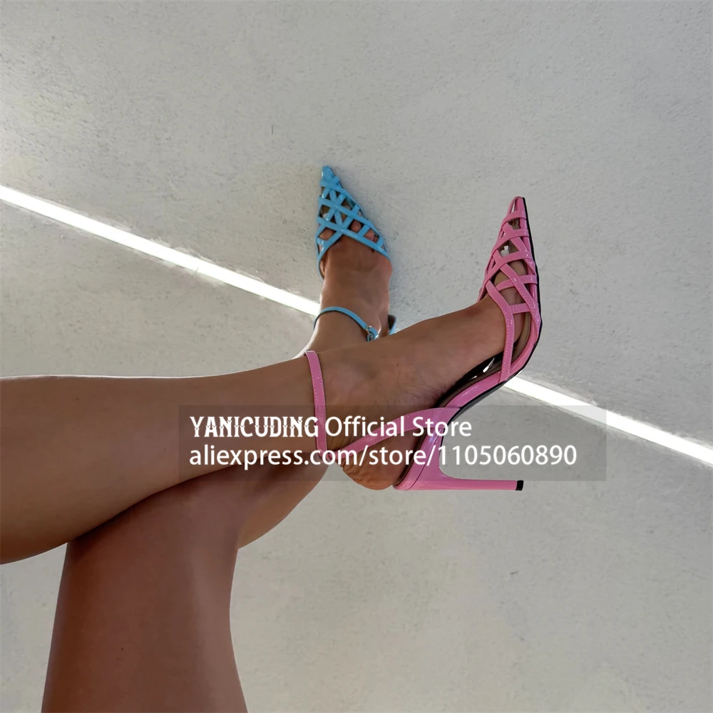 Caged Pointed Toe Slingback Stiletto Sandals Candy Color Patent Leather Strappy Summer Shoes Caged Strappy Ankle Buckle Footwear