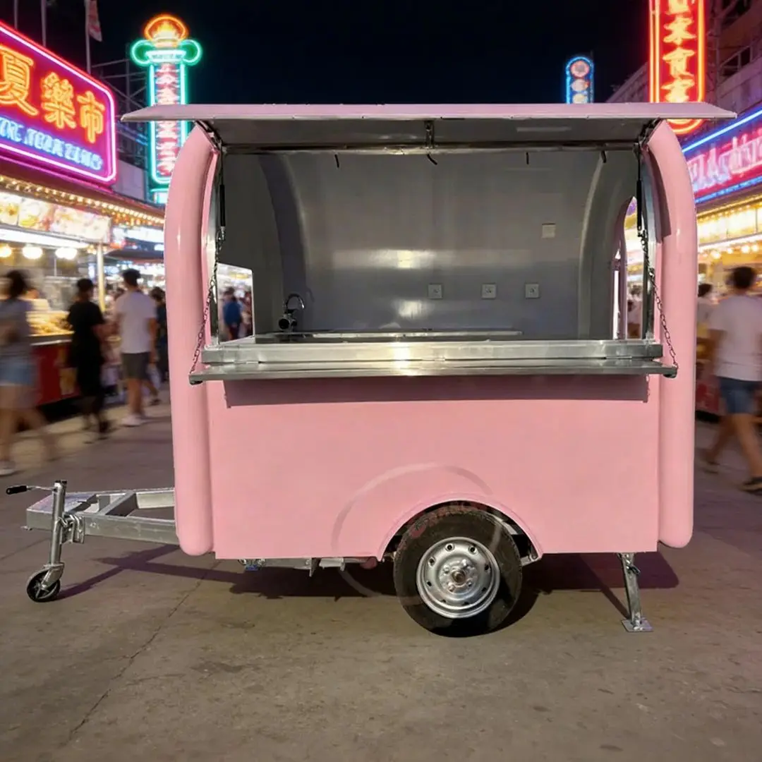 Pink Fiberglass Mobile Food Cart Commercial Catering Trailer with Stainless Steel Counter for Business Use