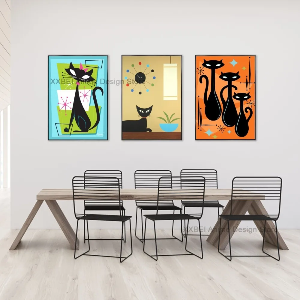 1pc HD Indoor Home Wall Art Decoration Mid Century Black Cat Poster Bedroom Bedside Sticker Hotel Cafe Studio Hanging Painting