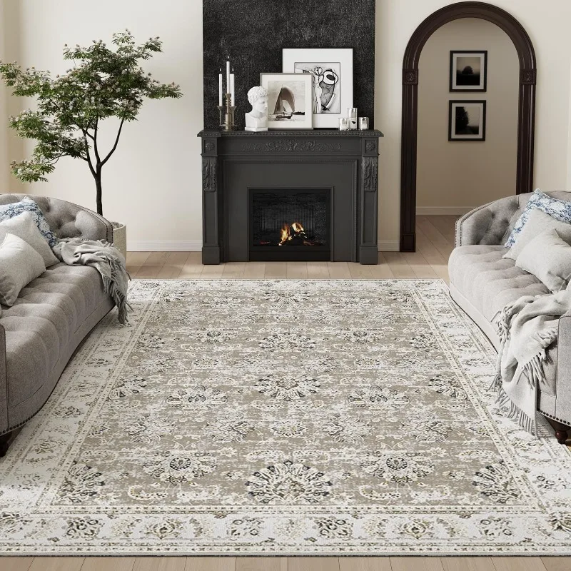 Area Rug  Washable Living Room Taupe Floral Print Vintage Large Indoor Distressed Stain Resistant Boho Carpet Thin Rug