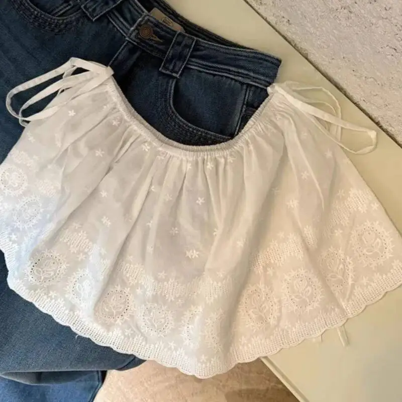 Pleated 레이스 한국어 스타일 스커트 커튼 꽃 인쇄 캐주얼 미니 스커트 레이스 업 패션 방귀 커튼 Y2k 화이트 스커트 여성을위한