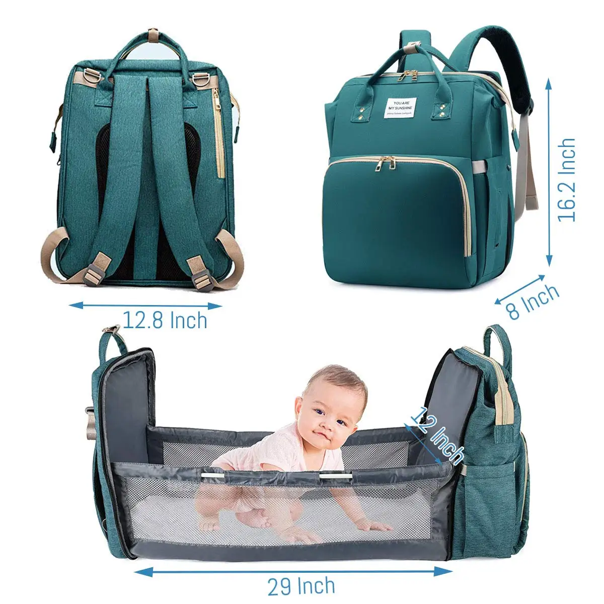 Foldable 3-in-1 Diaper Bag Backpack with USB Charge Waterproof Travel Bag Baby Bed And Changing Mat Included