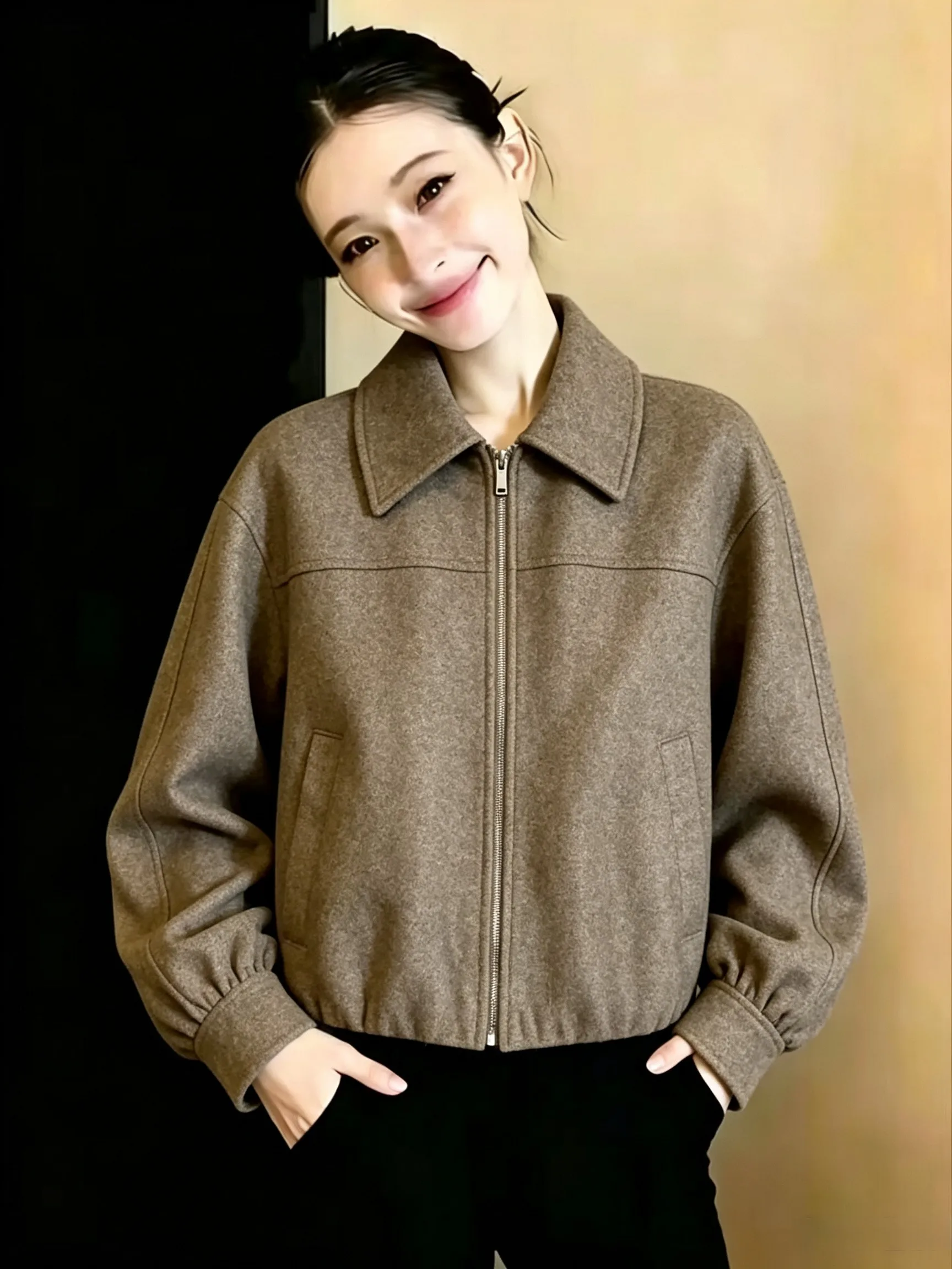 Women's Autumn Winter Zippered Soft Outerwear Fashion Collar and elastic cuff design Long Sleeve Jacket Casual Vintage Chic Tops
