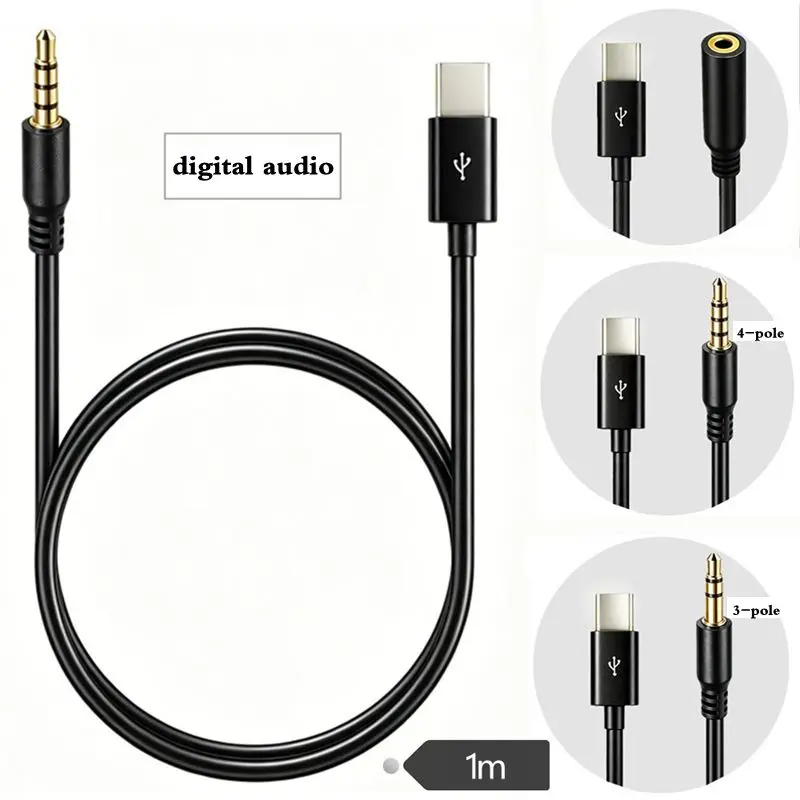 1-Meter Mobile Phone Car AUX Audio Cable Type-C to 3.5mm Adapter Cable 3/4-Pole Digital Audio Adapter Cable