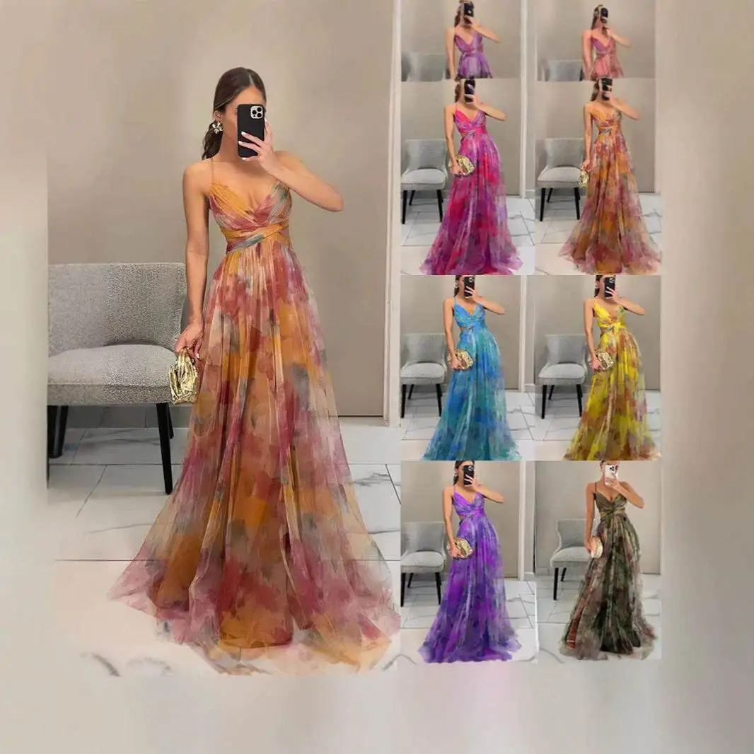 

Summer Spring Elegant High Waist A-Line Dress Sleeveless V-Neck Casual Holiday Party Print Mesh Strapless Dress for Women