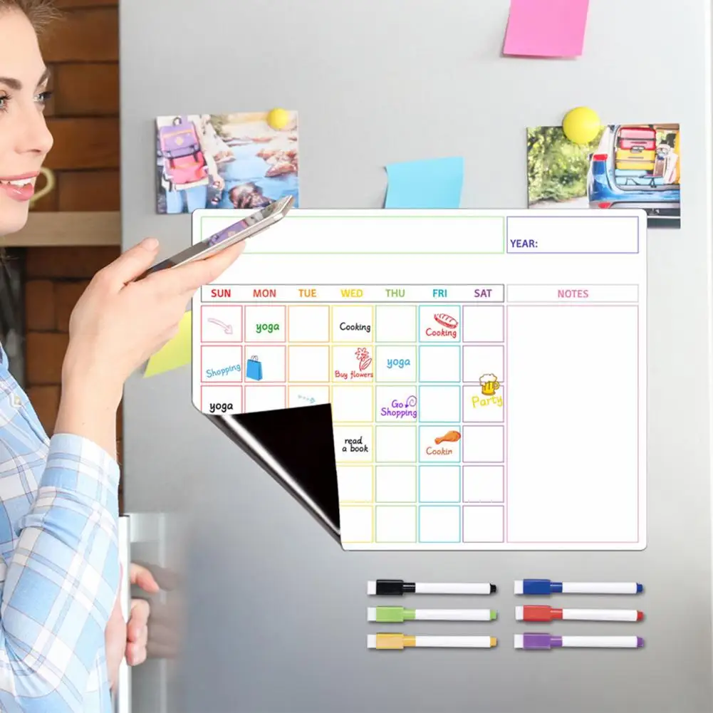 Kalender kulkas tahan lama papan pesan magnetik perencana mingguan mengatur dapur rumah dengan permukaan menulis yang dapat dihapus