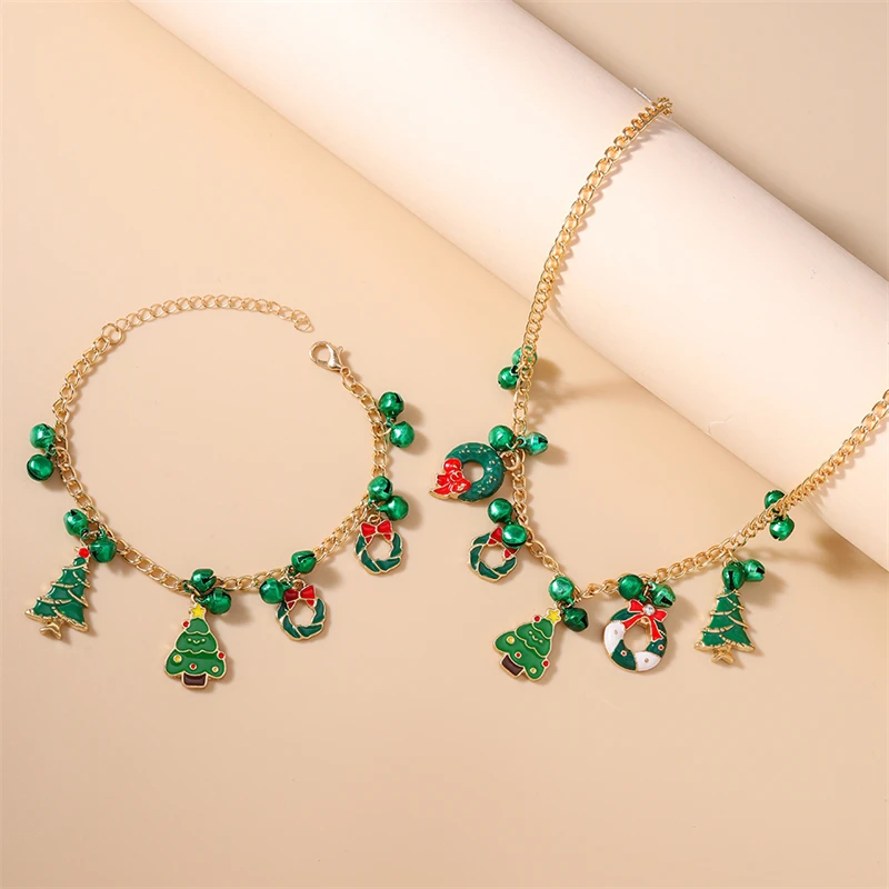 Modisches Weihnachtsbaum-Kranz-Glocken-Halsketten-Armband-Schmuckset für Frauen und Mädchen Neujahrs-Festival-Schmuckgeschenke – Detail 3