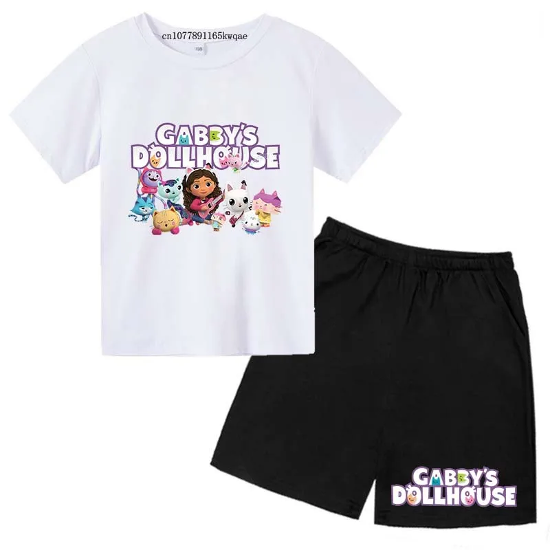 Gabby\'s Cartton Print Girls Summer Cute Breathable Tees+Shorts 2pcs Sports Suits 2-13 Years Kids Outfits Sets Children Clothes