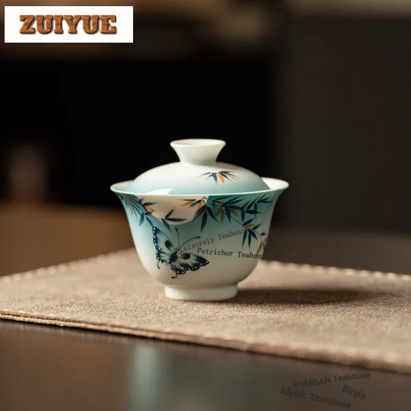 

120ml Hand-painted Bamboo Butterfly Gaiwan Ancient Tea Tureen Tea Bowl With Lid Kit Tea Maker Cover Bowl Tea Items Collection
