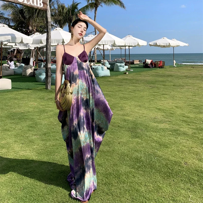 Causal Beach Dress French Retro Ink Painting Summer Dress Fashion Cinched Waist Backless Dress Thailand Style Loose Long Dresses