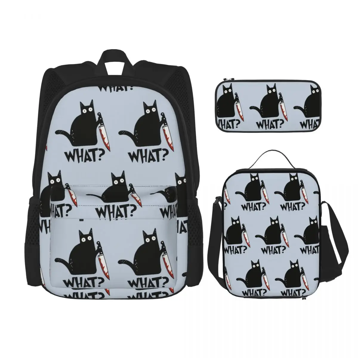 

Cat With Knife Gift Premium Backpacks Boys Girls Bookbag Students School Bags Kids Rucksack Lunch Bag Pen Bag Three-Piece Set