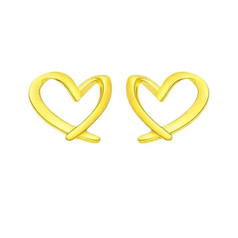 

New Arrival Solid 24K Yellow Gold Earrings Fine Women Heart Stud Earrings