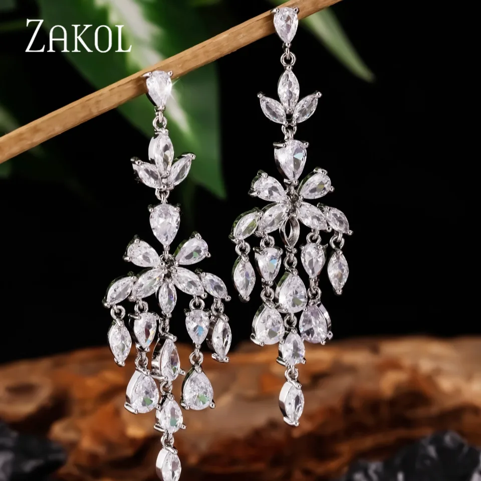 

ZAKOL Luxury AAA Cubic Zirconia Tassel Drop Earrings for Women Gold Color Long Chandelier Design Earring Wedding Bridal Jewelry