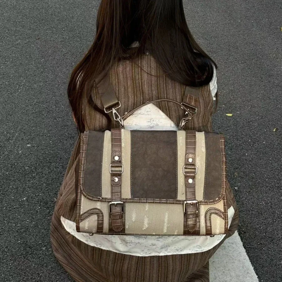American Retro Spliced Backpack For Women Fashion Large Capacity Commute Handbags 2026 New Contrasting Color Crossbody Bags