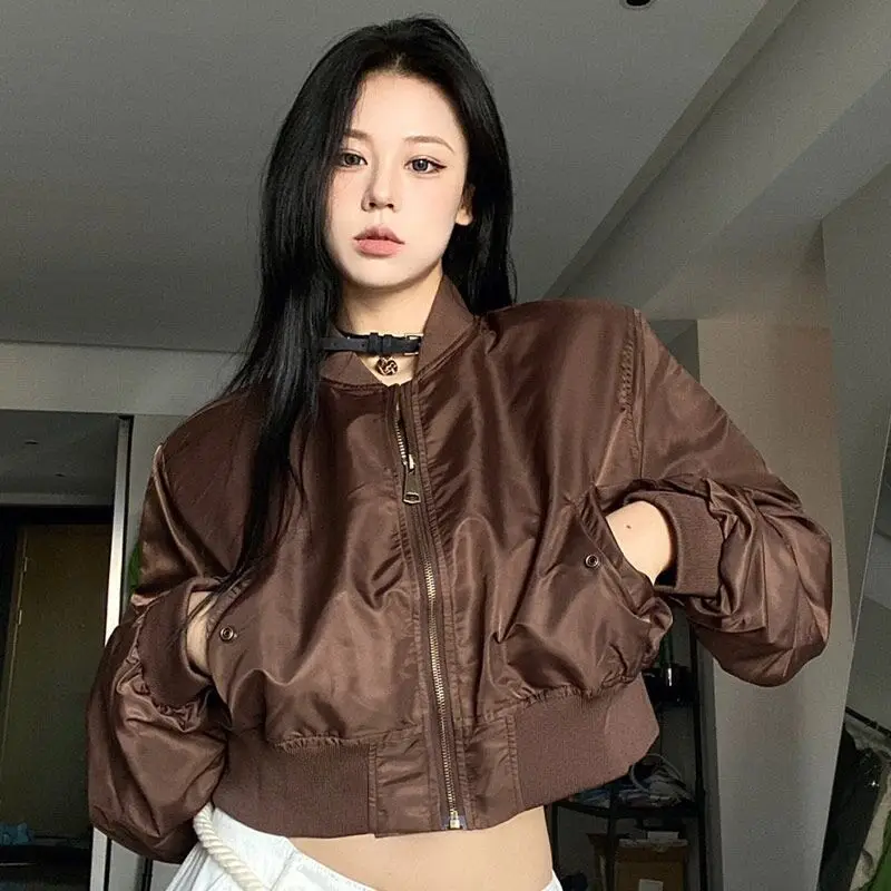 Deeptown Vintage Brown Bomber Short Jacket Women Korean Streetwear Oversize Cropped Jackets Casual Y2k Harajuku Fashion Coats