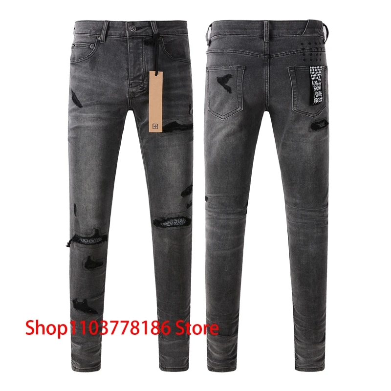 Fashion Men KSUBI Cross Jeans High Street Vintage Trend Black Gray Low Rise Skinny Denim Pants Ripped Frayed Patch Trousers