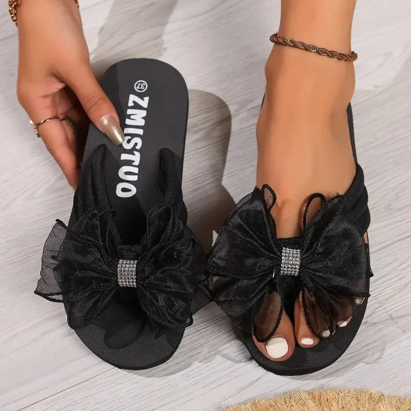 New Women\'s Slippers Summer Mesh Butterfly Knot Solid Color Casual Beach Flip-flops Sexy Sweet Daily Slides Zapatos De Mujer2024