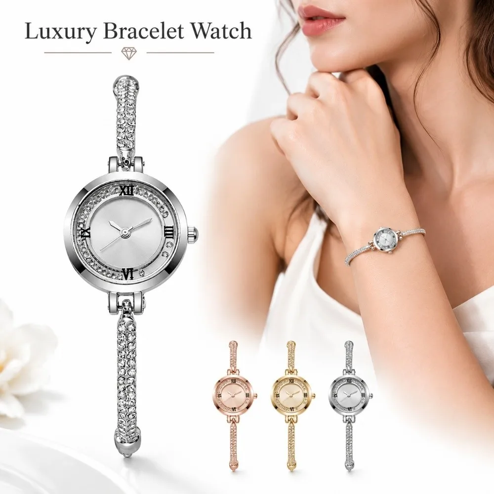 Daily Rhinestone Quartz Watches Diamond Studded Watch Strap with Adjustable Bracelet Women Wristwatch Wrist Decoration Gift