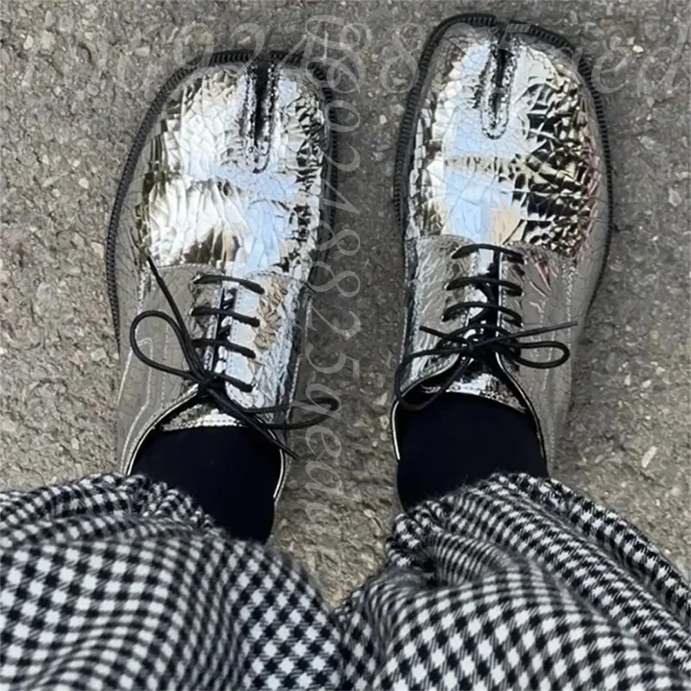 Women's Silver Cracked Metallic Split-Toe Oxford Shoes Lace-Up Style, Shiny Crinkled Upper, Unique Statement Streetwear Footwear