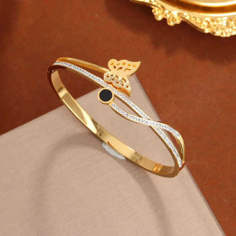 

Trendy Butterfly Black Disc Bangles For Woman Stainless Steel Double Layer Cross Bracelet Fashion Jewelry Exquisite Gift New